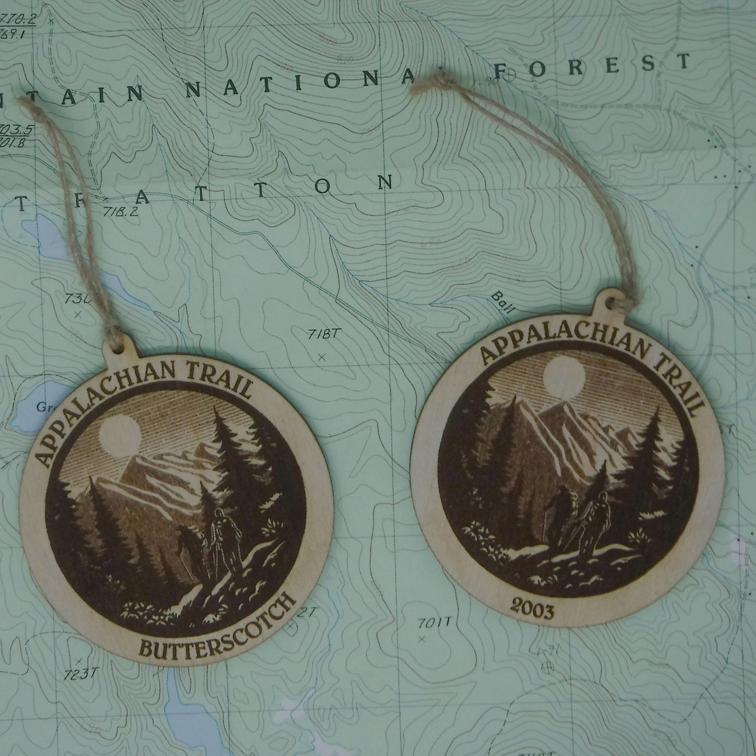Two Appalachian Trail wooden medallions on a topographic map background