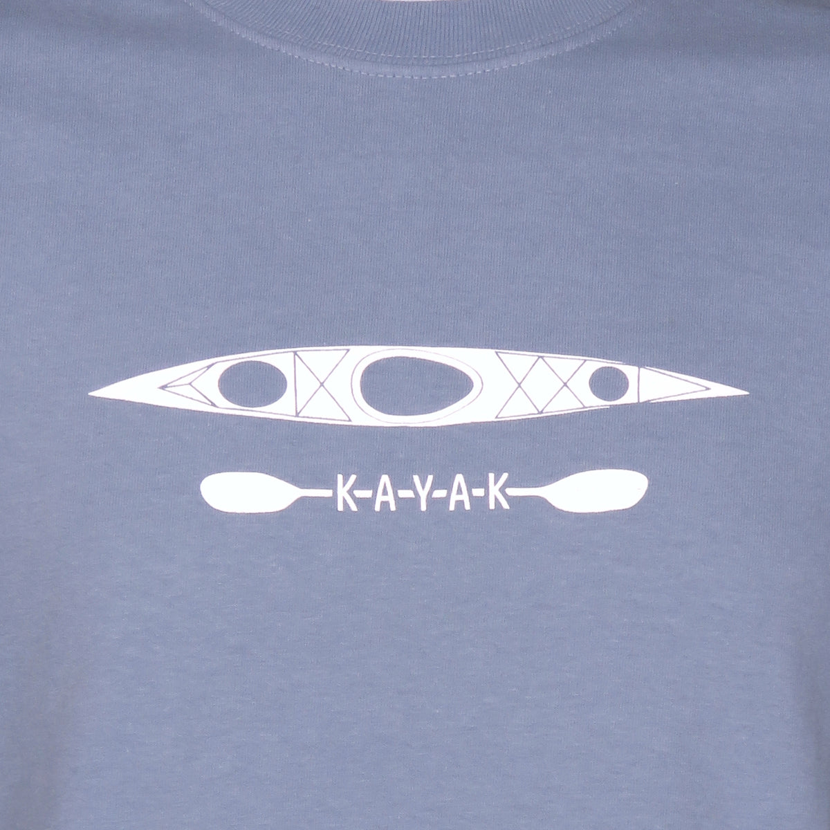 Blue t-shirt with white kayak and paddle graphic on a plain background