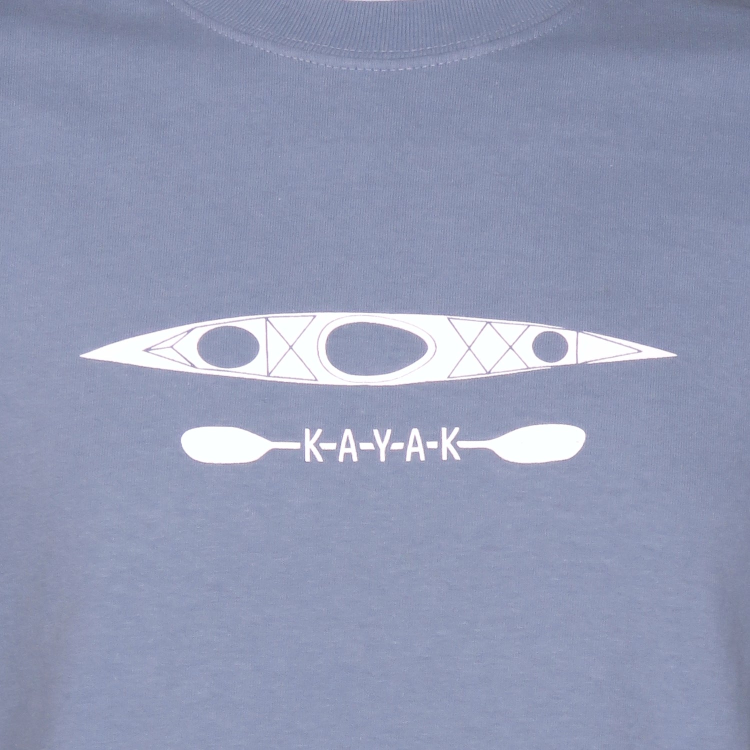 Blue t-shirt with white kayak and paddle graphic on a plain background