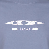 Blue t-shirt with white kayak and paddle graphic on a plain background