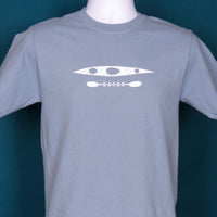 Blue t-shirt with white kayak and paddle graphic on a dark blue background