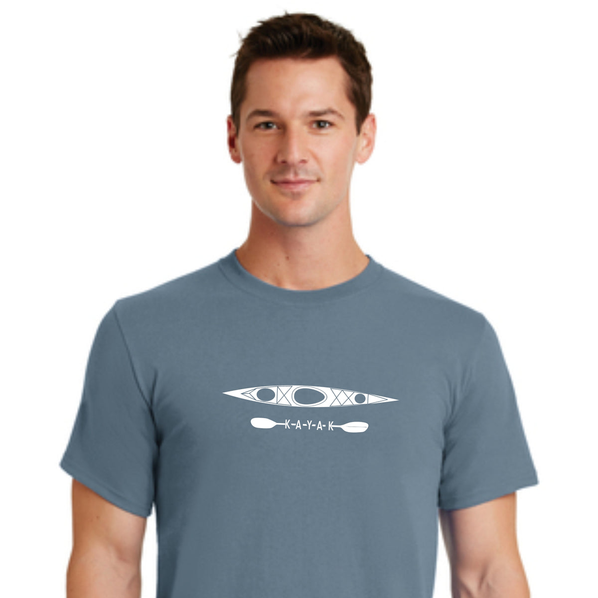 Man wearing a blue t-shirt with a white kayak design on a white background