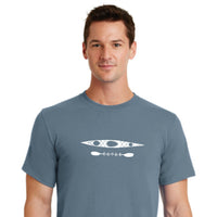 Man wearing a blue t-shirt with a white kayak design on a white background