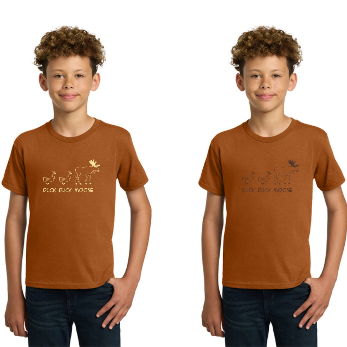 Two images of a boy wearing a brown t-shirt with a graphic design on a white background.