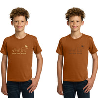 Two images of a boy wearing a brown t-shirt with a graphic design on a white background.