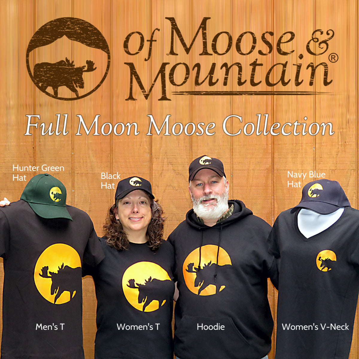 Two people and two mannequins wearing clothing from the 'Full Moon Moose Collection' by of Moose & Mountain against a wooden background.