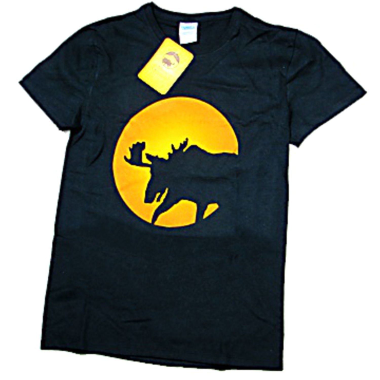 Black t-shirt with yellow and orange graphic of a moose silhouette in front of a full moon on a white background