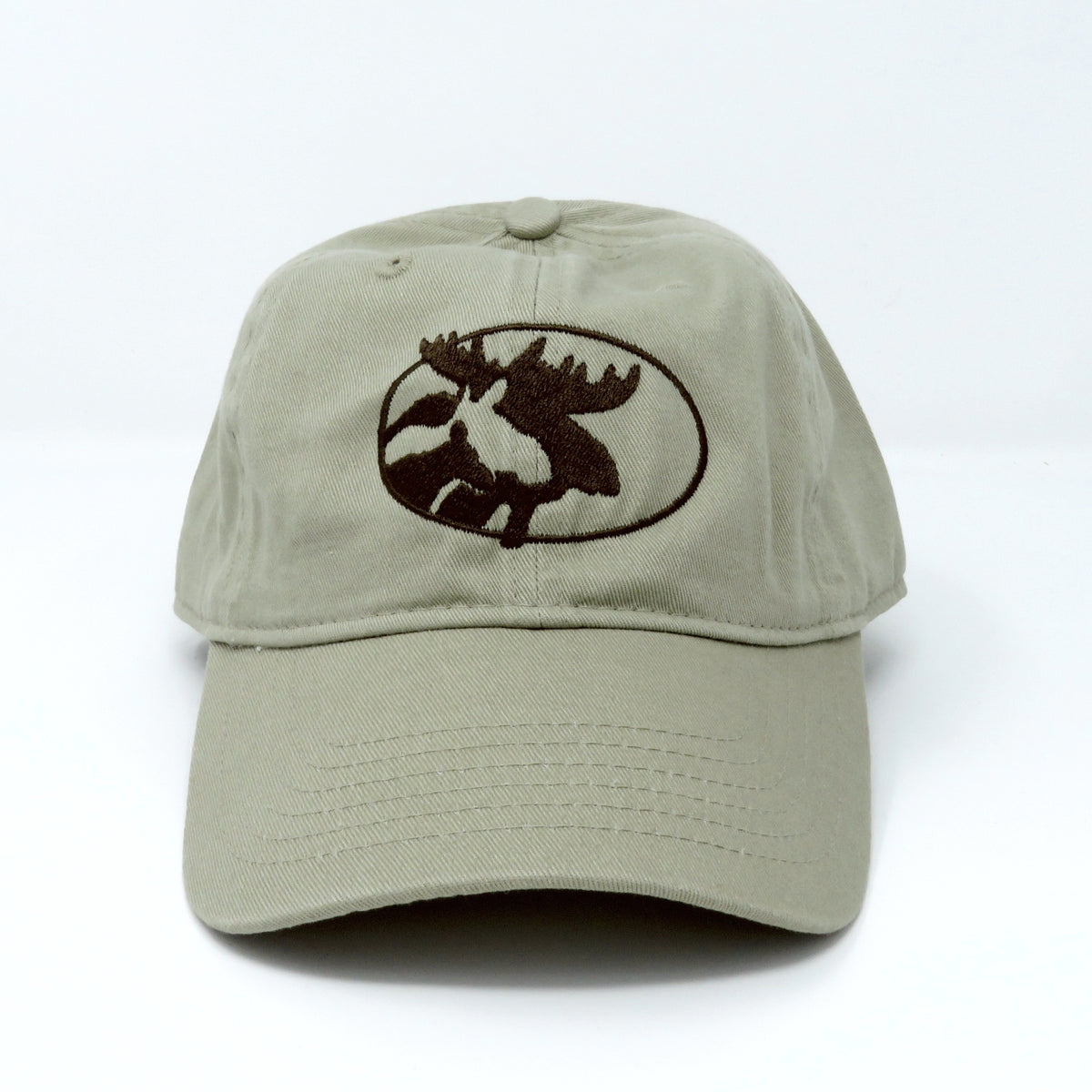 Khaki cap with brown moose logo on a white background
