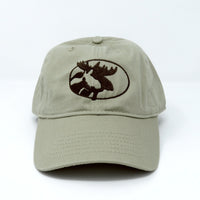 Khaki cap with brown moose logo on a white background