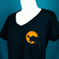 Black t-shirt with orange graphic of a moose and moon on a blue background