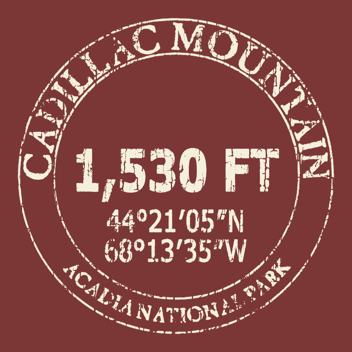 Circular design with 'Cadillac Mountain' and elevation details on a red background