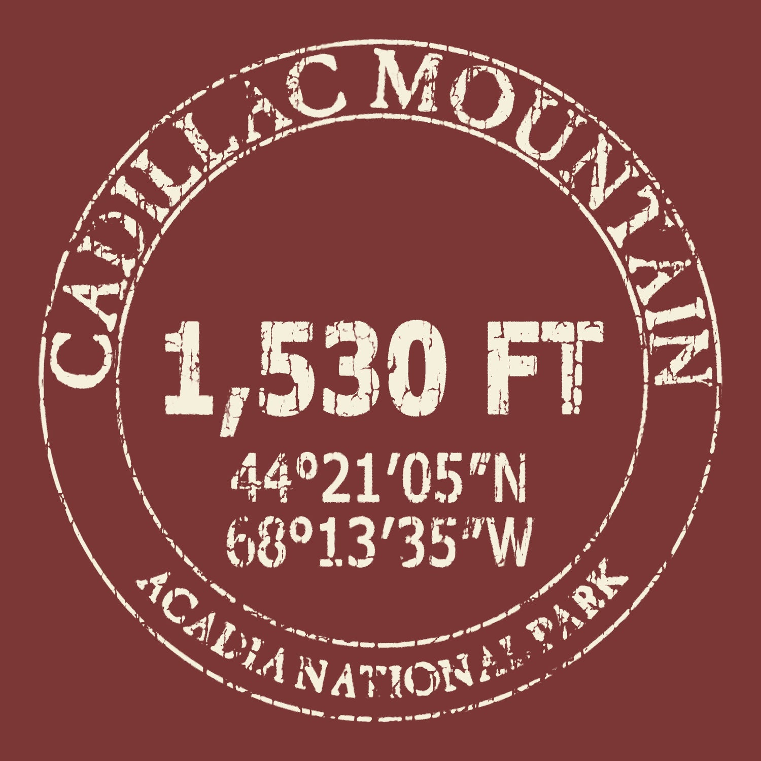 Circular design with 'Cadillac Mountain' and elevation details on a red background