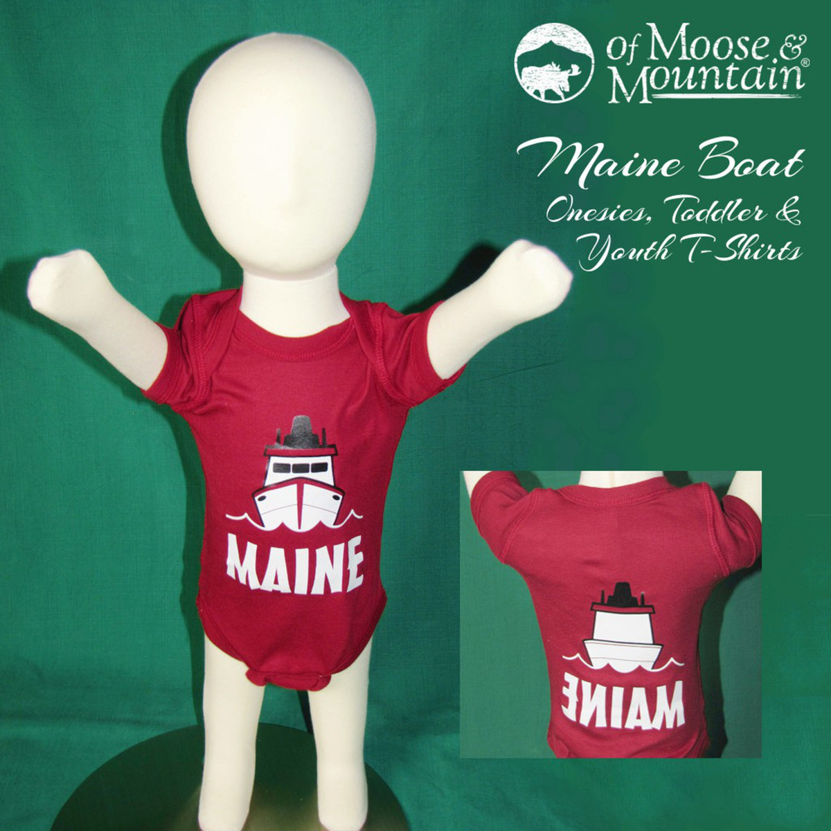 Red baby romper with 'MAINE' and boat design on a mannequin against a green background with 'of Moose & Mountain' branding.