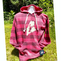 Red and black plaid hoodie with a white Maine lobster logo on a mannequin against a green outdoor background