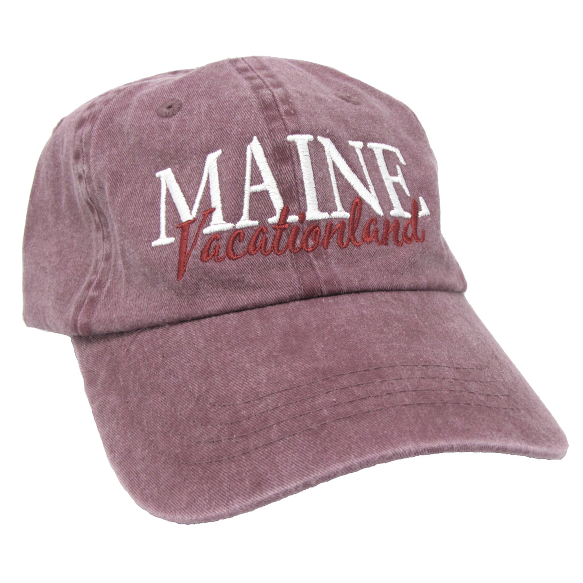 Maroon cap with 'MAINE Vacationland' text on a white background