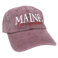 Maroon cap with 'MAINE Vacationland' text on a white background