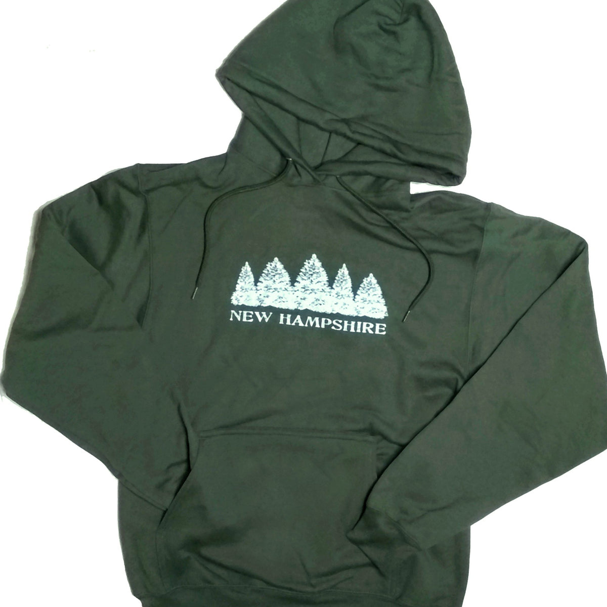 Green hoodie with 'New Hampshire' and tree design on a white background