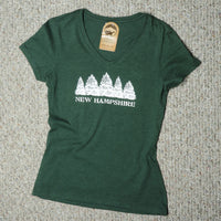 Green t-shirt with white 'New Hampshire' design on a textured surface