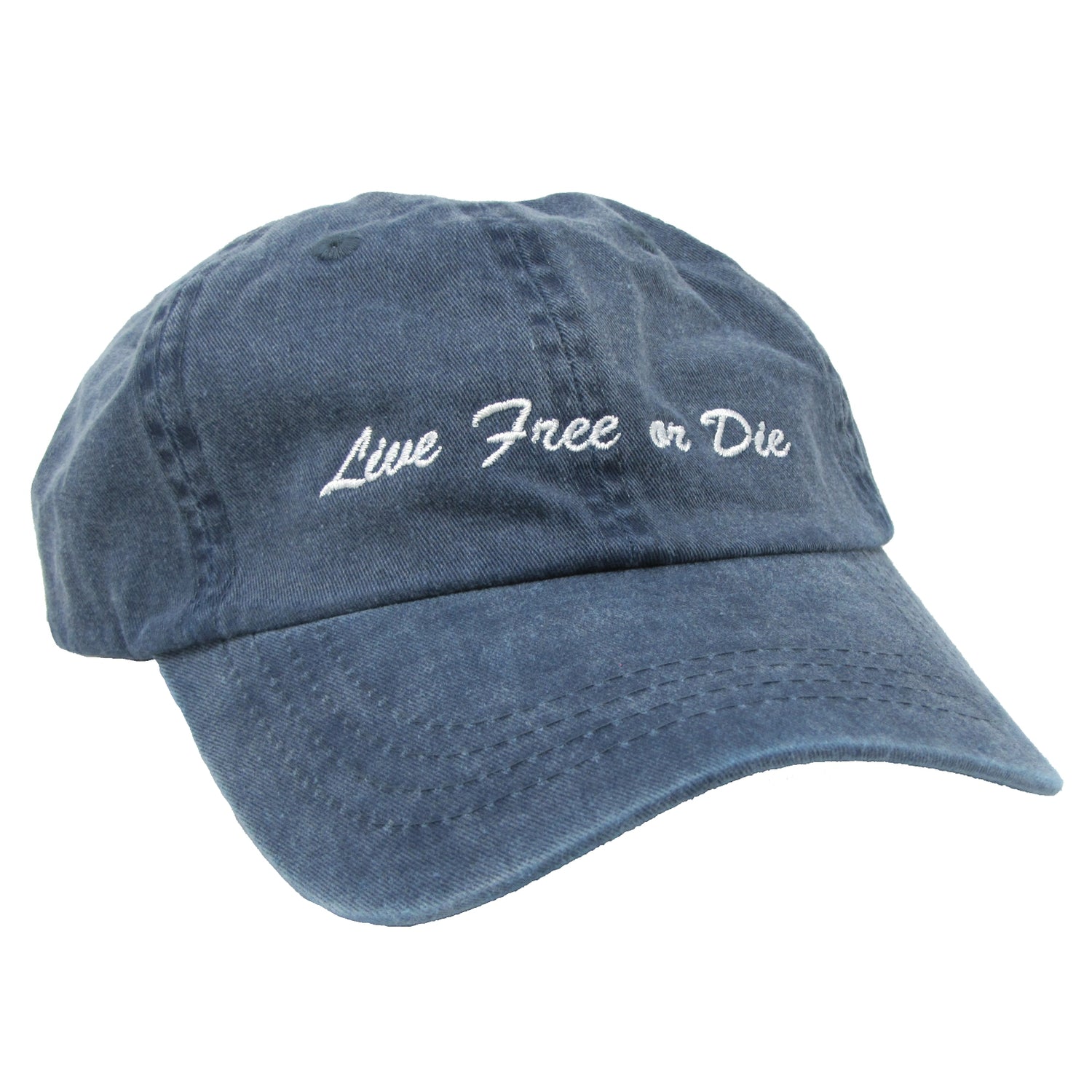 Blue cap with 'Live Free or Die' text on a white background