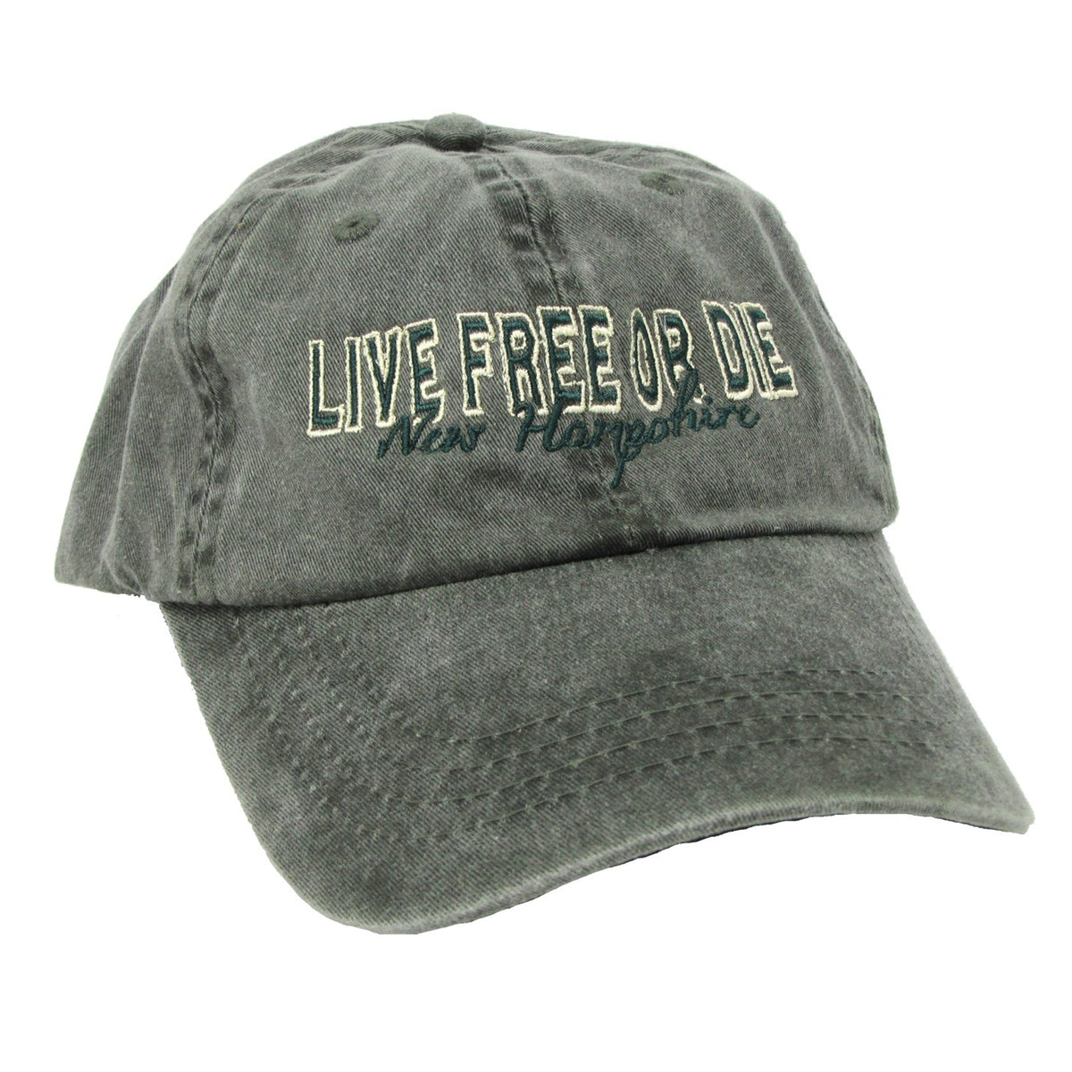 Green cap with 'Live Free or Die New Hampshire' text on a white background