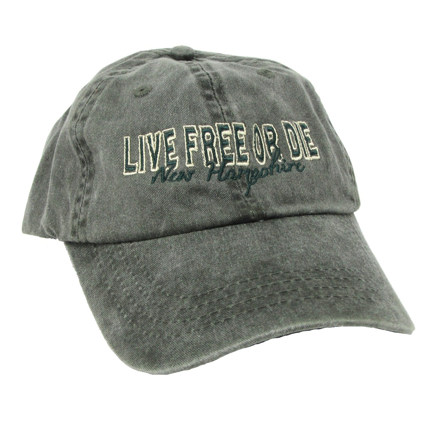 Green cap with 'Live Free or Die New Hampshire' text on a white background