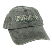 Green cap with 'Live Free or Die New Hampshire' text on a white background