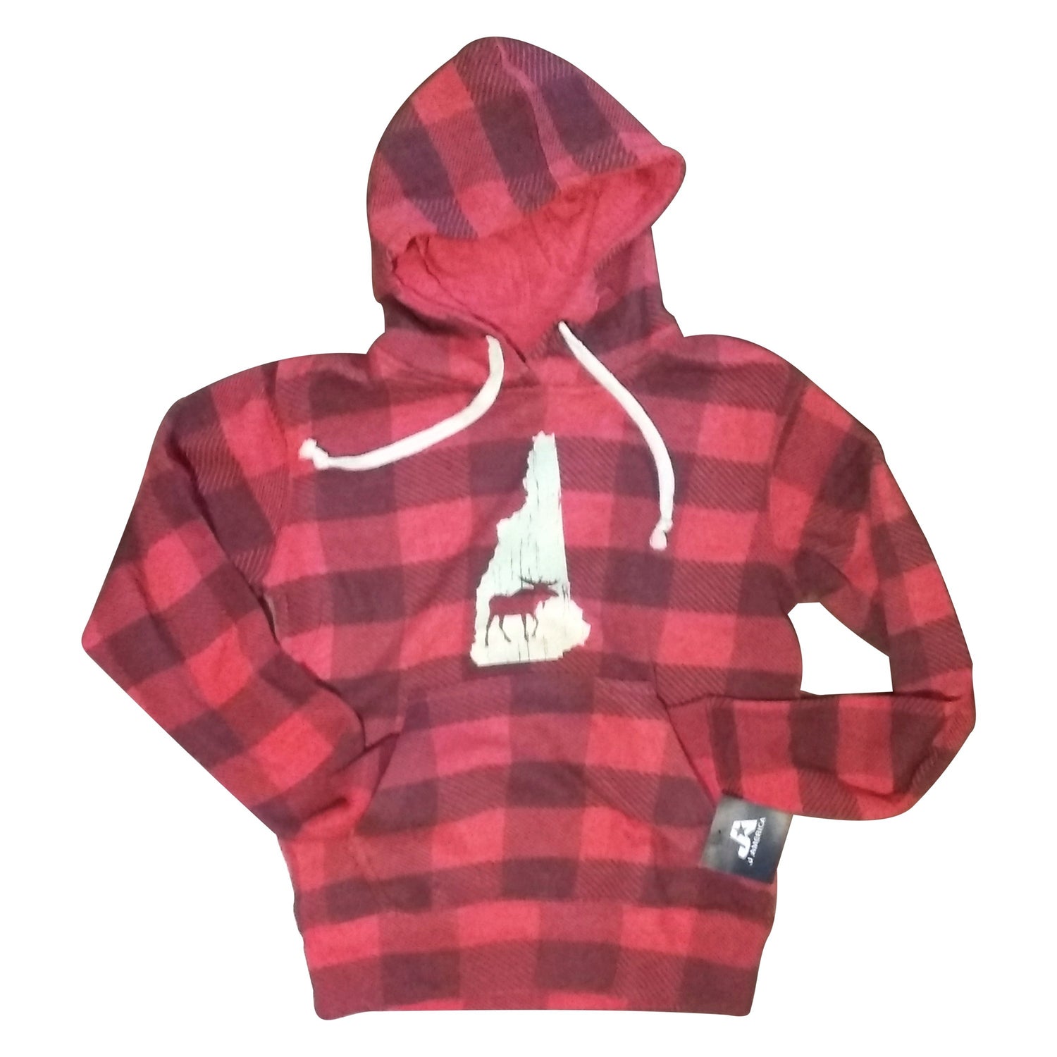 Red and black plaid hoodie with a white New Hampshire moose graphic on a white background