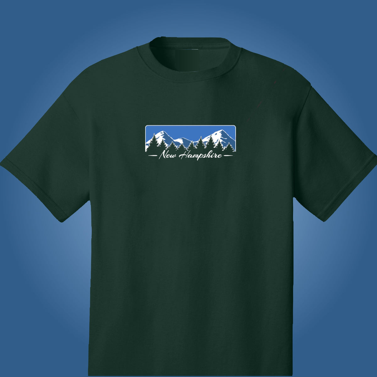 Green t-shirt with a New Hampshire mountain design on a blue background