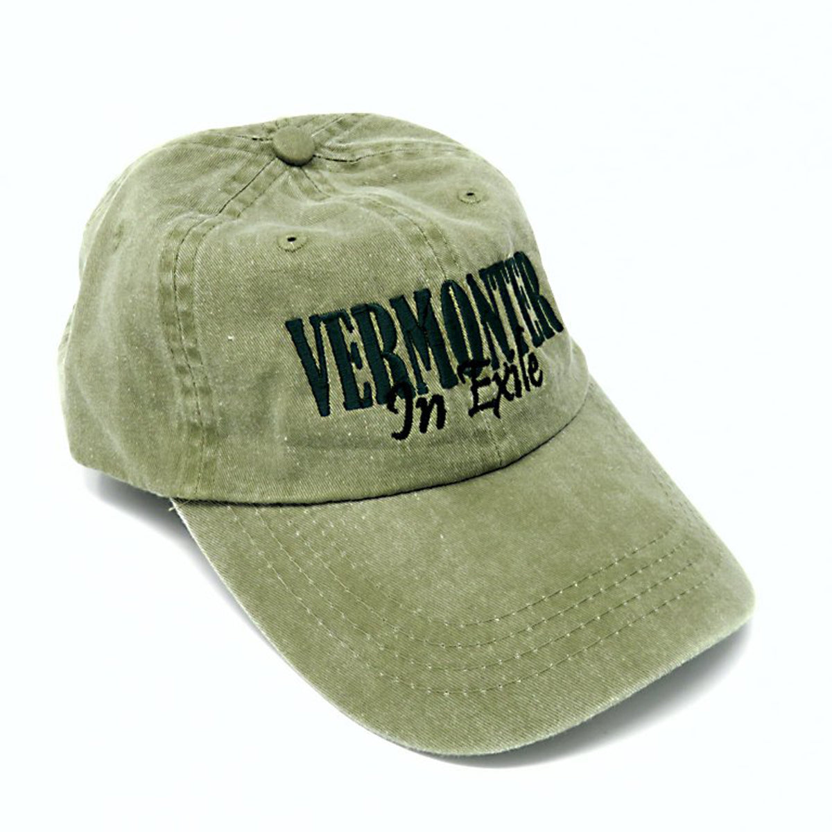 Green cap with 'VERMONTER In Exile' text on a white background