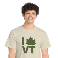 Person wearing a beige t-shirt with 'I ❤️ VT' design on a white background