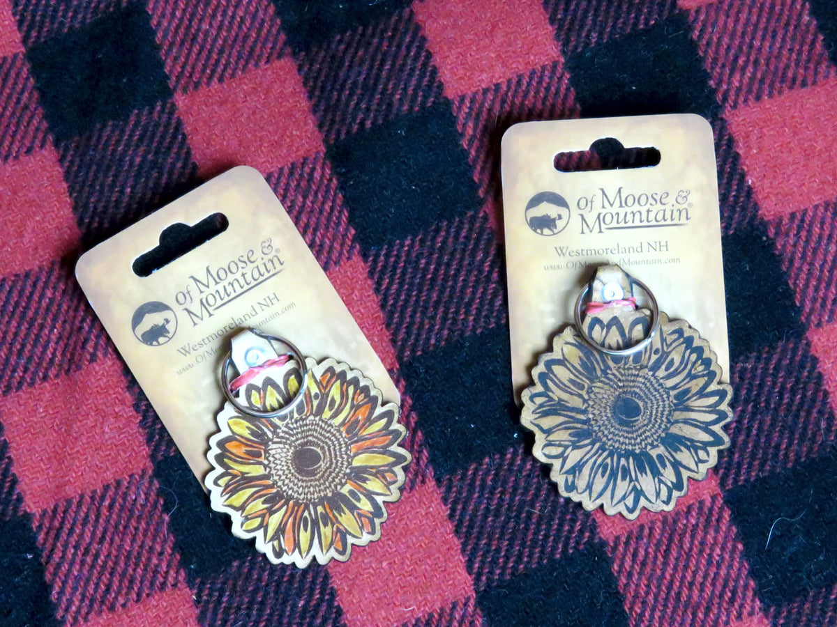 Two pairs of earrings on Of Moose & Mountain branded cards against a plaid background.