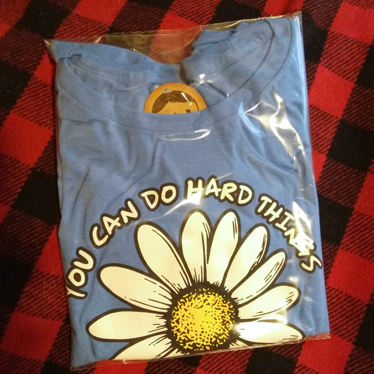 Blue t-shirt with a daisy graphic and text on a red and black checkered background