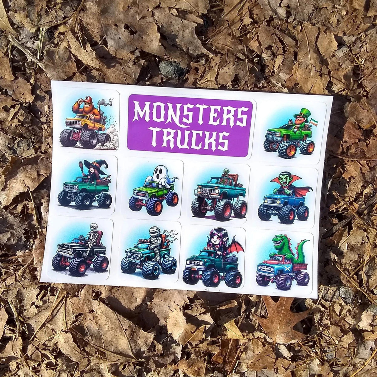 Monsters' Trucks Sticker Sheet of 10 Monsters Driving Trucks