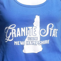 Blue t-shirt with white 'Granite State New Hampshire' text and state outline design.