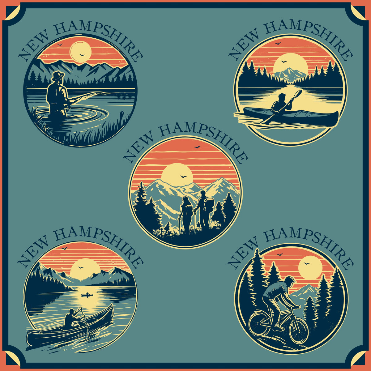 Repeating pattern of New Hampshire scenes with outdoor activities on a blue background.