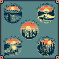 Repeating pattern of New Hampshire scenes with outdoor activities on a blue background.