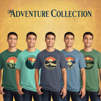 Five people wearing New Hampshire-themed t-shirts against a yellow background with 'The Adventure Collection' text.